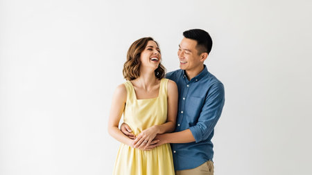 A man and a woman are embracing and smiling at each other in a studio setting. The image features a bright, clean composition with soft lighting and a neutral background. The couple is dressed in casual attire. This image could be used for various commercial and editorial purposes.の素材