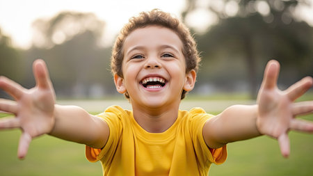 A smiling child with arms outstretched, radiating happiness, is captured outdoors. The image showcases warm tones with soft focus, natural lighting, and a shallow depth of field. This composition could be used for advertising, editorial content, or projects related to childhood and well-being.の素材