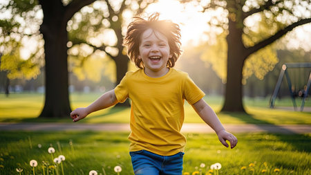 A young child is shown running through a grassy area with arms spread wide, appearing joyful. The image uses a shallow depth of field, with soft sunlight creating a warm glow. The composition features trees in the background, suggesting a park setting. This scene is suitable for use in various commercial and editorial projects.の素材