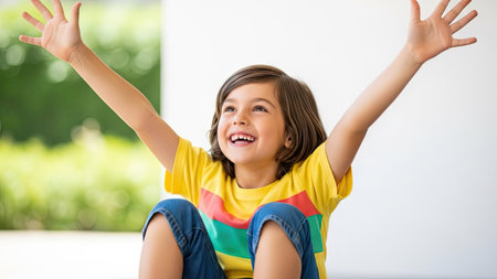 A young child is shown with arms raised, expressing joy with a wide smile. The child wears a bright yellow shirt and jeans. The lighting appears natural, suggesting an outdoor or brightly lit indoor setting. The image evokes feelings of happiness and could be used for various commercial or editorial applications.の素材