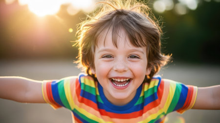 A young child is shown smiling with arms open wide, captured against a bright, sunlit background. The composition highlights the child's face and open expression, with a soft focus effect. The image's color palette is warm, featuring vibrant colors of a striped shirt. It can be used for various commercial or editorial applications.の素材