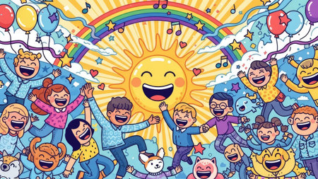 This colorful illustration presents a group of animated children enjoying a sunny environment. The vibrant composition features a smiling sun, rainbow, and various festive elements like balloons and musical notes, with a bright palette. Suitable for educational materials, children's books, or designs evoking positivity.の素材