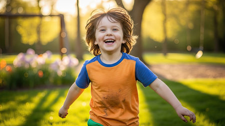 A young child is shown in bright sunlight with open arms, laughing. The composition features soft lighting and green tones of a park setting. The image evokes happiness and freedom, suitable for visual content related to childhood and lifestyle. Its use could extend to various commercial and editorial applications.の素材