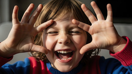 A young child is shown indoors, with hands framing the face in a playful gesture. The image displays a bright, sunny lighting, highlighting the child's expressions. It's a candid shot that could be used for various commercial or editorial applications such as articles about childhood and happiness.の素材
