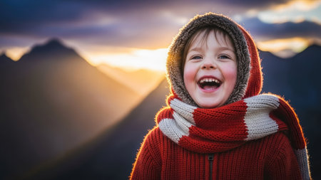A happy child is captured smiling widely against a blurred mountain backdrop illuminated by sunlight. The image features warm tones of red and orange, contrasting with cooler hues. This scene may be suitable for illustrating themes of joy and childhood, potentially for promotional or editorial purposes.の素材