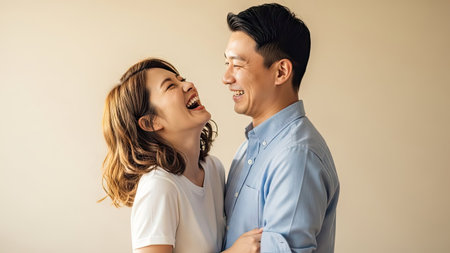 An Asian couple shares a moment of laughter, captured in a studio setting. The image showcases soft, warm lighting that highlights the subjects' expressions. The composition focuses on their connection, suggesting themes of happiness and companionship, ideal for various commercial and lifestyle applications.の素材