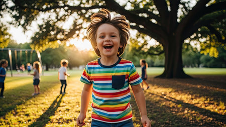 A young child is smiling with arms outstretched in a park setting. Sunlight bathes the scene, illuminating the boy's face and clothing. The composition includes blurred figures and a large tree, creating depth and a sense of activity. Suitable for various editorial and commercial applications.の素材
