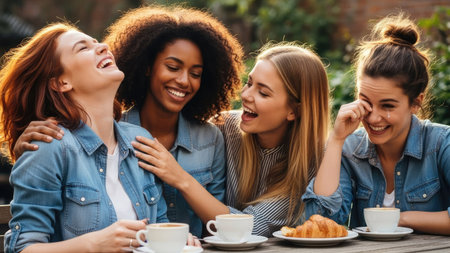 Four diverse young women are captured in a moment of shared laughter at an outdoor cafe. The image displays a warm color palette with natural lighting. It could be used for lifestyle, friendship, or social media content, and for editorial purposes.の素材
