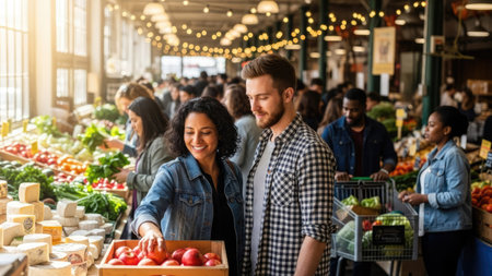 A diverse group of people browse and shop for fresh produce at an open-air market. The image features a bright, sunny atmosphere with abundant natural light. Various colors of fruits and vegetables are displayed. This scene could be used for editorial content or commercial projects related to healthy eating or community.の素材