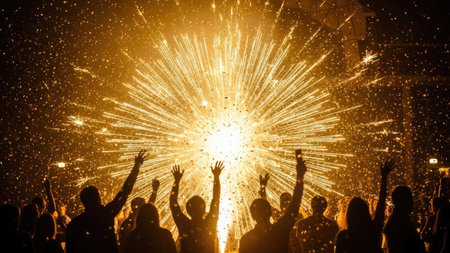 Silhouetted figures raise their arms in celebration as a vibrant fireworks display illuminates the night sky. The scene features a central explosion of light with radiating patterns and a dark foreground. Suitable for various visual communication projects, this image conveys energy and excitement, and could be utilized for editorial or commercial purposes.の素材