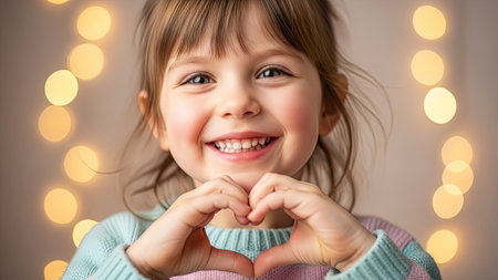A young child is smiling, forming a heart shape with their hands. Soft colors and warm lighting highlight the subject. The composition suggests a sense of joy and tenderness. Suitable for various visual communication projects, this image could be used for editorial and commercial applications.の素材