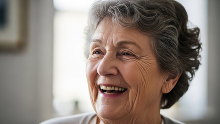 An elderly woman with a wide smile looks upward, her face filled with happiness. The image displays soft lighting and a shallow depth of field, emphasizing her expression. The composition is likely suitable for articles, websites, and advertising material related to aging and wellness.の素材