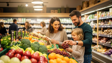 A family selects fresh fruits and vegetables in a well-lit supermarket. The image showcases a diverse array of produce with vibrant colors and textures. This scene might be used for editorial content related to healthy eating, lifestyle, or family values, as well as commercial projects.の素材