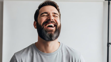 A man with a full beard is captured in a moment of genuine laughter, his eyes closed. The image features a bright, clean background. The composition highlights a single individual, conveying positive emotion. Suitable for various commercial uses, including advertising and editorial content.の素材