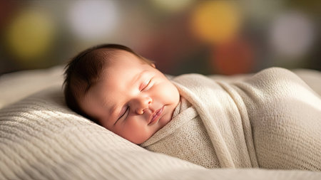 A close-up view depicts a newborn infant peacefully sleeping on a pillow, wrapped in a blanket. Soft lighting illuminates the scene, highlighting the textures of the fabric and the baby's skin. This image may be suitable for various commercial uses, including advertisements or editorial content related to infancy and parenting.の素材