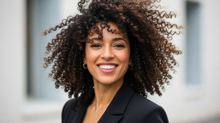 A woman with dark, curly hair and a warm smile is the main subject. She is wearing a dark jacket. The image features natural lighting and a blurred background, creating depth. It could be suitable for a variety of uses, including editorial and commercial projects that depict beauty, happiness, or lifestyle.の素材