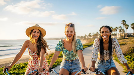 A group of three women are riding bicycles along a paved path near the coast. They are smiling, with the sky and ocean in the background. The image has warm lighting. This image could be used for lifestyle, travel, or leisure themed projects.の素材