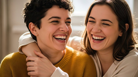 Two women are captured sharing a genuine moment of laughter and affection, possibly friends or family. They are warmly lit with natural daylight, wearing casual clothing. The composition and emotional expression suggest suitability for a variety of visual content related to connection, relationships, and human experiences.の素材