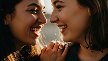 Two women are captured in a close embrace, their faces lit with genuine smiles. The composition emphasizes their connection through eye contact and touch. Warm tones and soft lighting suggest a gentle and intimate setting, suitable for illustrating themes of companionship and relationships. This image can be used for various commercial or editorial applications.の素材