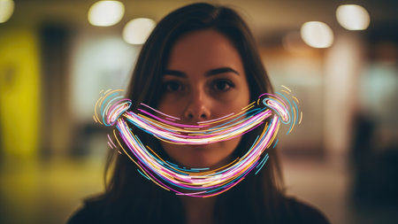 A woman is the central subject of this image with a digital smile overlaid on her face. The visual is characterized by colorful, glowing lines that form a smile. The blurred background suggests an indoor setting with diffused lighting. It could be used in projects focusing on technology or concepts of happiness.の素材