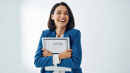 A woman in a blue blazer joyfully holds a tablet, presumably displaying data analysis. The composition is clean, with a neutral white background. The image has soft lighting and a focus on the subject's expression, suggesting a positive outcome. Suitable for illustrating business, technology, or marketing concepts.の素材