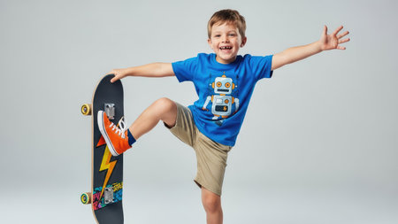 A young boy is the primary subject in this image, posing with a skateboard in a studio setting. He wears a blue shirt and khaki shorts and has a cheerful expression. The composition is well-lit, featuring a solid neutral background. This image could be used for various purposes, including advertising or educational materials.の素材