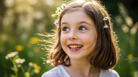 A young girl is depicted smiling cheerfully outdoors. The image showcases natural sunlight illuminating the subject. A flower crown adorns her head, enhancing the natural and innocent aesthetic. This photo could be suitable for various commercial uses, including advertising and editorial content related to childhood or nature.の素材