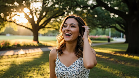 A woman laughs openly, captured in a bright outdoor setting. Sunlight filters through green trees, casting shadows on the grassy area. The image displays natural colors, soft lighting, and a shallow depth of field. Ideal for various commercial projects and editorial content.の素材