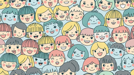 This illustration depicts a pattern of cheerful cartoon faces. The artwork displays a variety of skin tones and hairstyles, creating a sense of diversity. The composition features bright colors and a flat design, possibly suitable for various commercial applications or editorial uses. The overhead perspective emphasizes the repeating design.の素材