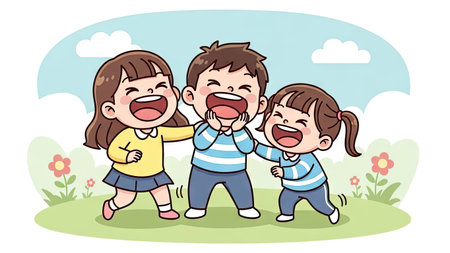 This cartoon illustration depicts three children laughing while playing together outside. The image features bright colors, a soft style, and a simple composition with a grassy ground and blue sky. It could be used in various commercial or editorial contexts, such as educational materials or children's books.の素材