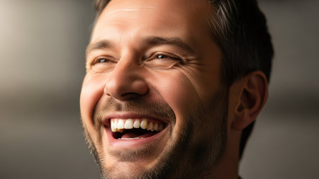 This image features a close-up portrait of a man, emphasizing his smiling face. The photograph captures the texture of his skin and the play of light across his features, suggesting a studio setting. This versatile image could be used for various commercial and editorial projects.の素材