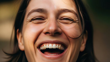 A close-up shot captures a woman laughing with her eyes closed and mouth wide open. The image showcases the details of her face and expression. The warm lighting suggests a natural setting. This image may be suitable for various commercial or editorial uses emphasizing happiness or positivity.の素材