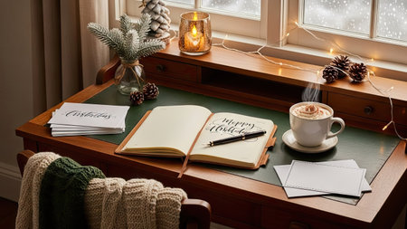 An inviting desk scene showcases a notebook, coffee cup, and holiday ornaments near a window. The warm lighting enhances the cozy atmosphere, highlighting the textured surfaces and composition suitable for commercial use or editorial projects. The scene likely represents comfort and seasonal themes.の素材