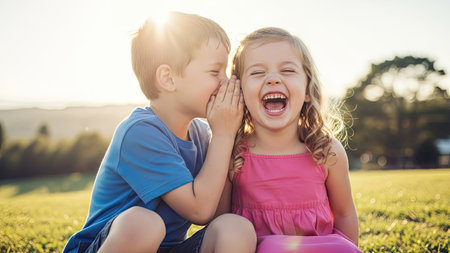 A young boy whispers a secret to a laughing girl, illuminated by warm sunlight. The image showcases soft textures and natural colors of clothing against a blurred background of greenery and sky. This scene suggests a casual outdoor setting, suitable for illustrating themes of childhood, friendship, or secret sharing. It is appropriate for various commercial applications.の素材