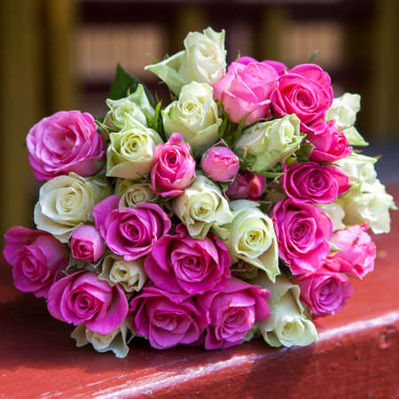 Bridal beautiful romantic bouquet of various flowersの写真素材