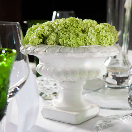 green hydrangea in a plaster vase is a  table decorationの写真素材