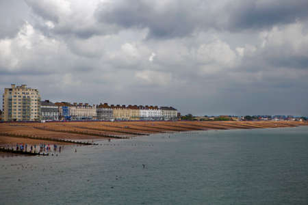 EASTBOURNE, EAST SUSSEX, ENGLAND - MAY 29 - Panoramic view of the pier at Eastbourne, East Sussex, England on May 29 2013. Opened in 1870, the pier continues to be a popular tourist attraction.のeditorial素材