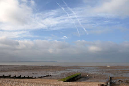 groynes on the shingle beach at whitstable kentの写真素材