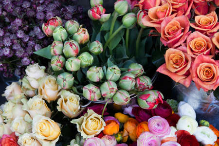 Beautiful bouquet of red tulips bud in paperの写真素材