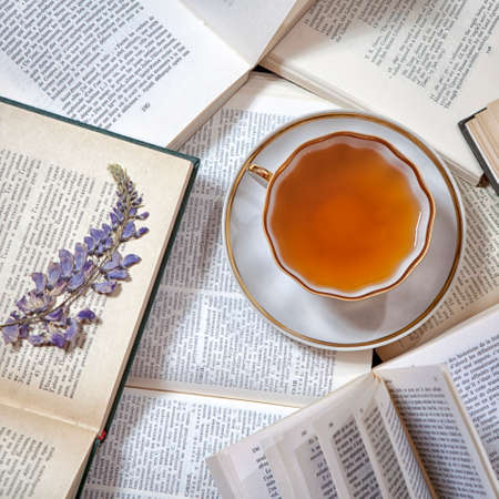 Still life details, cup of tea on retro vintage books on a coffee table in living room, top view point. Lazy winter weekend with a books on the sofa.の写真素材