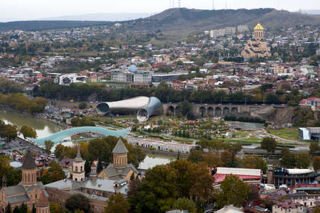 TBILISI, GEORGIA - November 04, 2016 : Tbilisi city center aerial view from Narikala Fortress,...