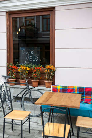 TBILISI, GEORGIA, 16 AUGUST, 2016: street cafe with flower on the table in Tbilisiのeditorial素材