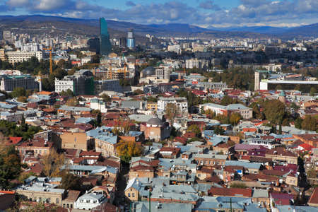 TBILISI, GEORGIA - November 04, 2016 : Tbilisi city center aerial view from Narikala Fortress,...