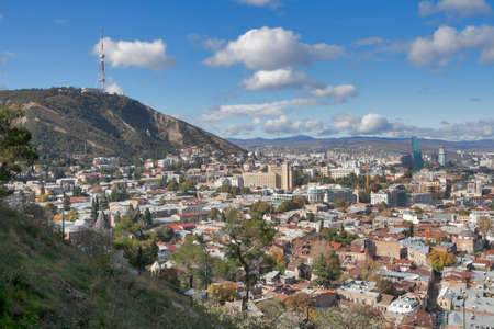 TBILISI, GEORGIA - November 04, 2016 : Tbilisi city center aerial view from Narikala Fortress,...