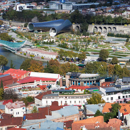 TBILISI, GEORGIA - November 04, 2016 : Tbilisi city center aerial view from Narikala Fortress,...