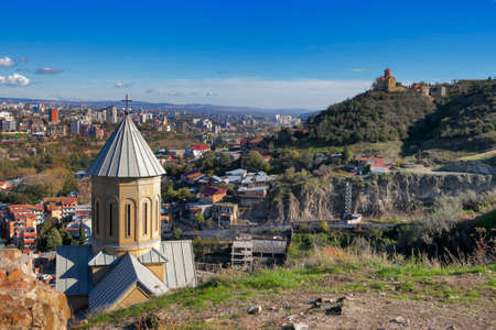 Narikala Fortress with the St Nikolas church and the architecture in the surrounding Old Town of Tbilisi, Republic of Georgia, Caucasusのeditorial素材