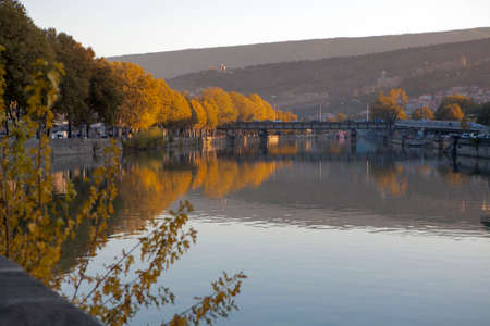 TBILISI, GEORGIA, 16 AUGUST, 2016: The embankment of Kura River near the Rike Park and the President Palace above itのeditorial素材