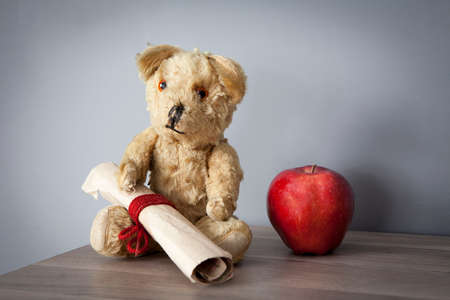 Old vintage teddy-bear with apple sitting on the capboardの写真素材