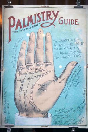 LONDON, ENGLAND - JULY 12, 2016 Poster with Palmistry hand in the window shopのeditorial素材