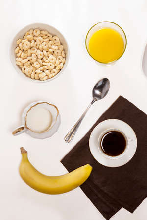 The ideal breakfast for the proper energy for the whole day. Coffee, orange juice, fruit.の写真素材
